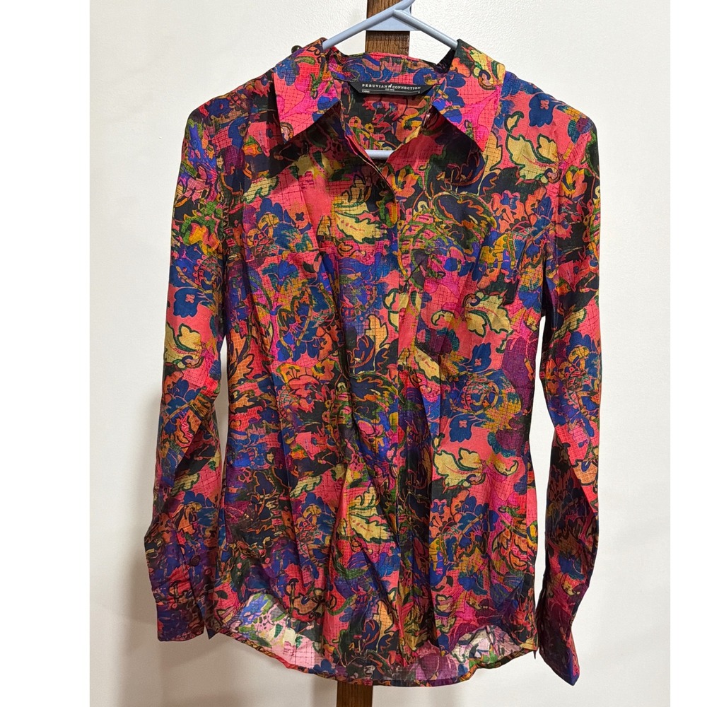 Peruvian Connection Pink Floral Silk Blend Voile Button Up Blouse S Art to Wear
